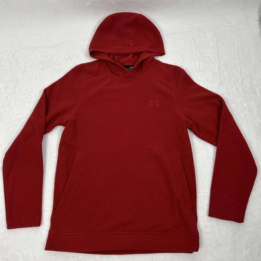 Under Armour Hoodie Mens Small Red ColdGear Fleece Pullover Kangaroo Pocket